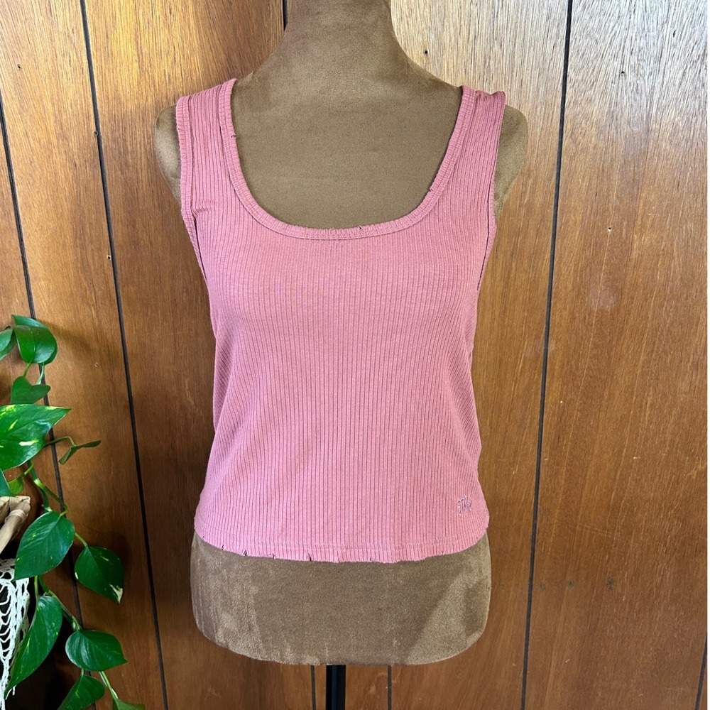 y2k Miss Me Ribbed Tank Top Rose Pink Scoop Neck‎ Sleeveless Cropped Size Large